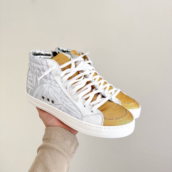 P448 Palm High Top Lace Up Round Toe Sneakers White/Gold 37 - Picture 1 of 10